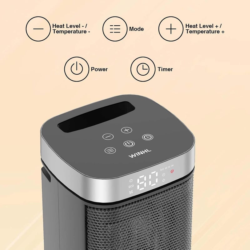 WINHL Portable Space Heater, Three Heating Modes (700W/1000W/1500W), with Remote Control, 1-12H Timer Electric Heaters, Ideal for Home, Office, and Bedroom Indoor Use - Image 3